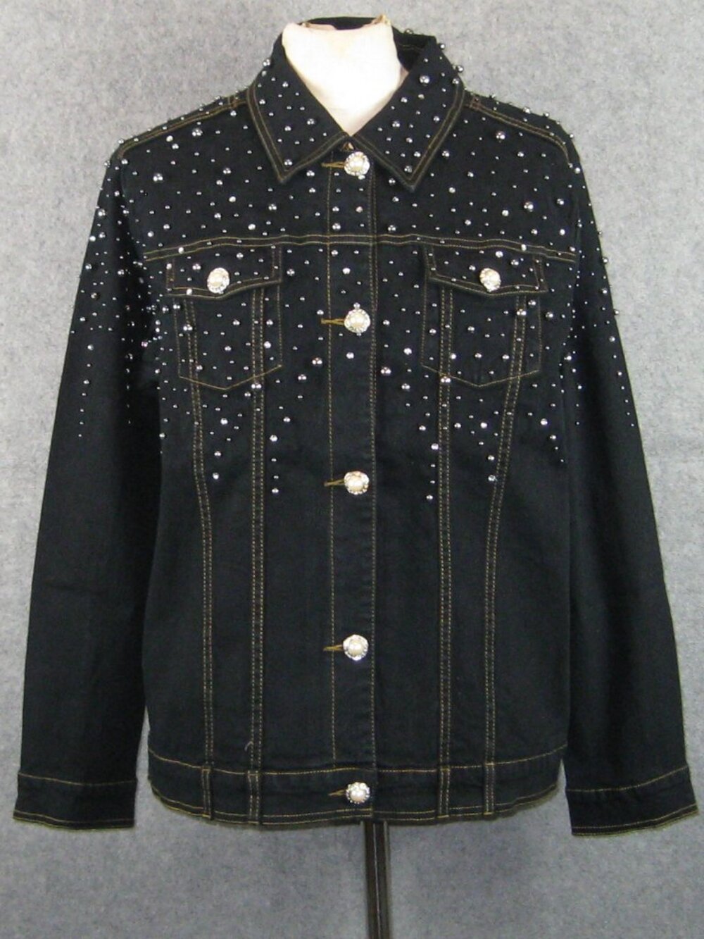 Quacker Factory Women's Denim Jacket Sz M Black Faux Pearls